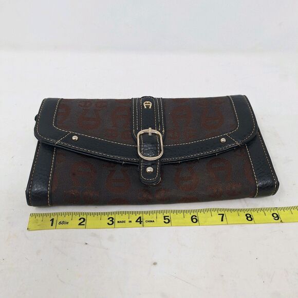 Etienne Aigner Brown Black Leather Signature Jacquard Accordian Snap Wallet - Picture 4 of 13